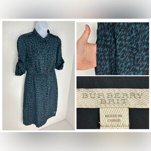 Burberry Brit‎ Teal Abstract Print 3/4 Sleeve Shirt Dress Size 4 US Pockets